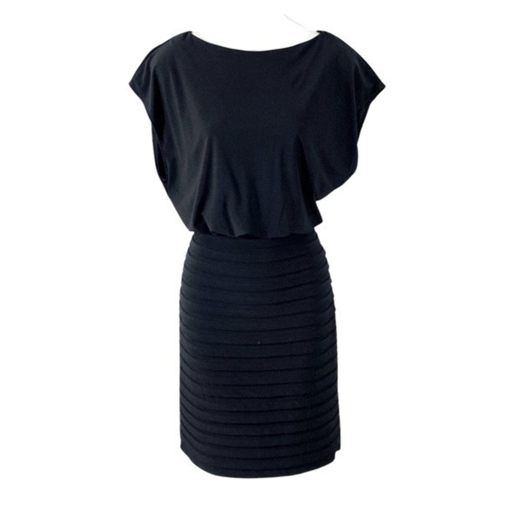Adrianna Papell black jersey blouson tiered bandage dress 4 AG30